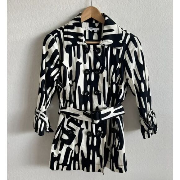 APPRAISAL Vintage Y2K Black White Belted Retro Short Trench Coat Womens Small - Picture 1 of 8